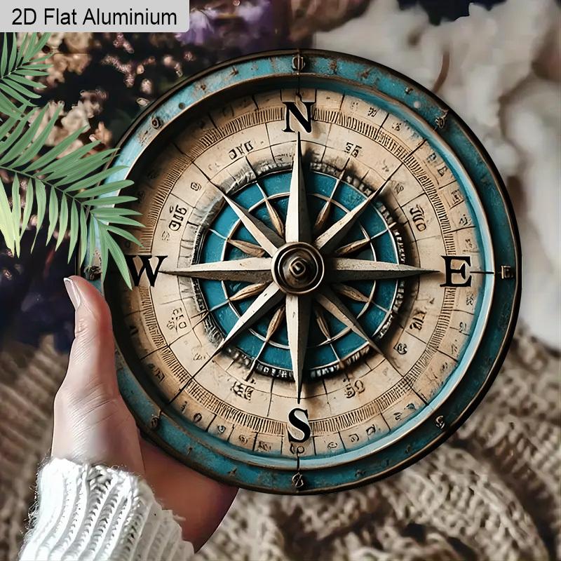 2D Flat 1pc Vintage Compass Aluminum Decoration Plaque, Compass Pattern Sign, Living Room Decor, Study Decor, Beach House Decor, Cabin Decor, Perfect