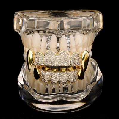 Grillz Bucal Chapado en Oro de 14K Hip Hop Iced Circonita Cúbica Dientes Grillz