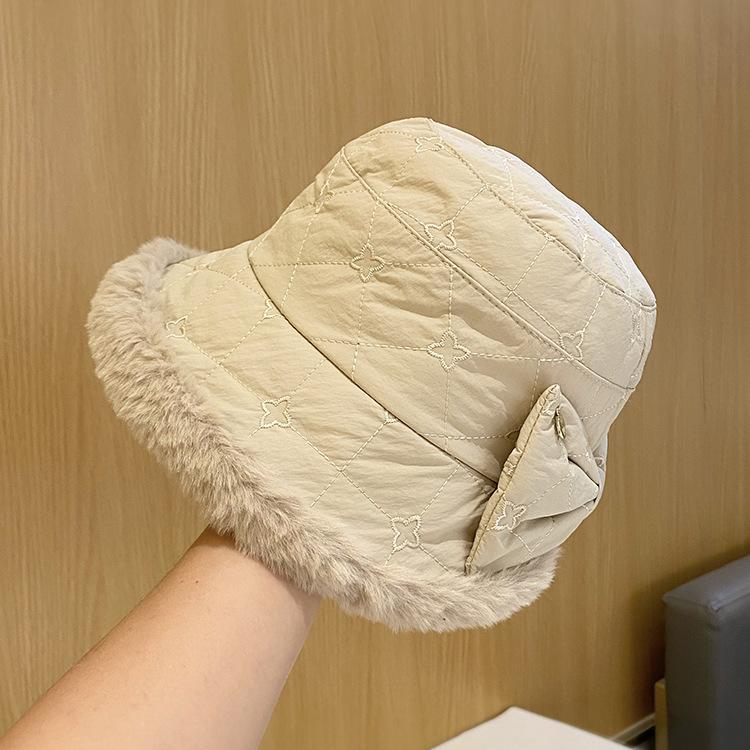 Bucket Hut Damen Herbst und Winter Wärme Schleife bestickte Fischerhut zeigt ein kleines Gesicht vielseitige Plüschmütze faltbar