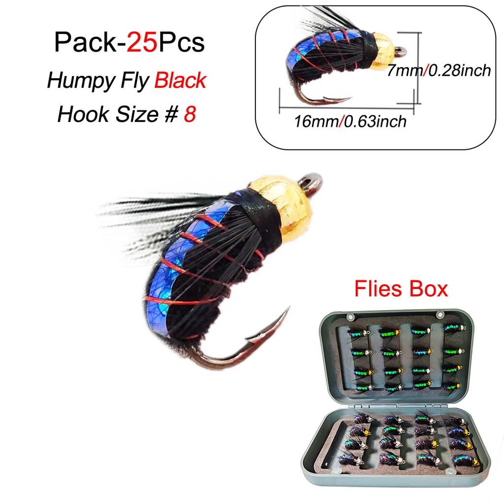 25Pcs/Box Fishing Lure #8 Realistic Bionic Artificial Humpy Fly Yellow/Black Lure Bait Fishing For Trout Fly Flies Bait Lures