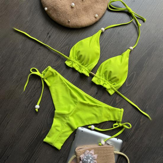 2Pcs/Set Sexy Women Bikini Set Solid Color Halter Bra High Waist Lace-up Briefs Set Push Up Swimsuit Quick Drying Beach Wear