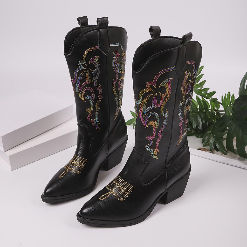 Direct supply V-port sequined western cowboy boots women's middle heel pointed knight boots large size leather boots