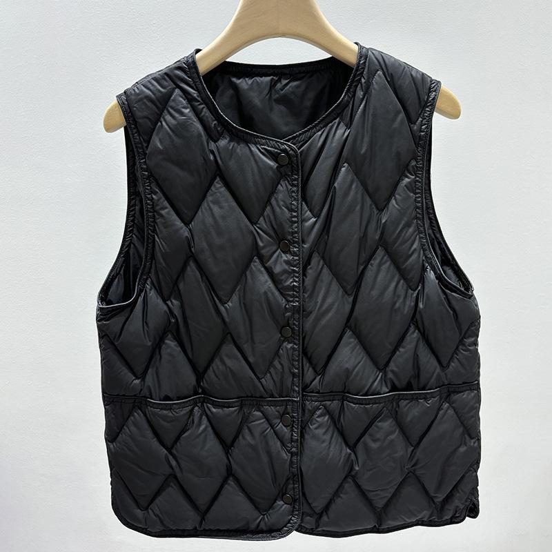 Autumn and winter new round neck short inner down jacket women's V-shaped pressed line vest white duck down to keep warm in winter