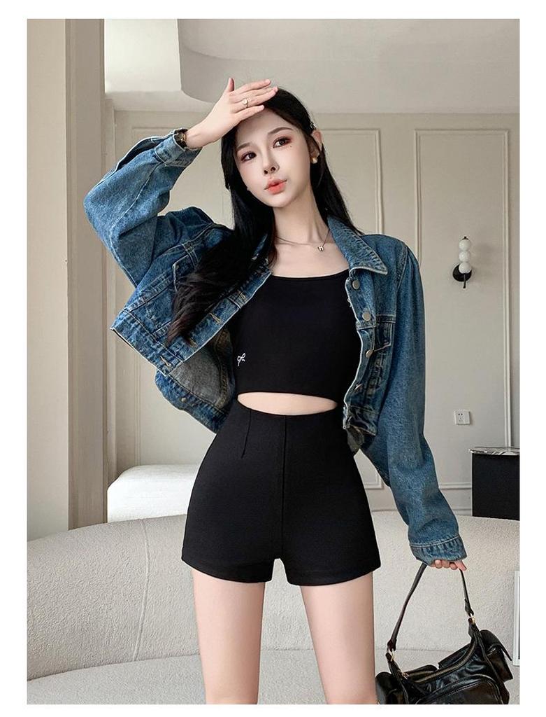 Shorts Casuais de Verão Femininos Pretos de Cintura Alta Emagrecedores - Hot Pants Versáteis Estilo Traje Romano