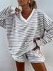 New Women Casual Striped Set Long Sleeve V-Neck Loose Top with Shorts Two Piece Set Women