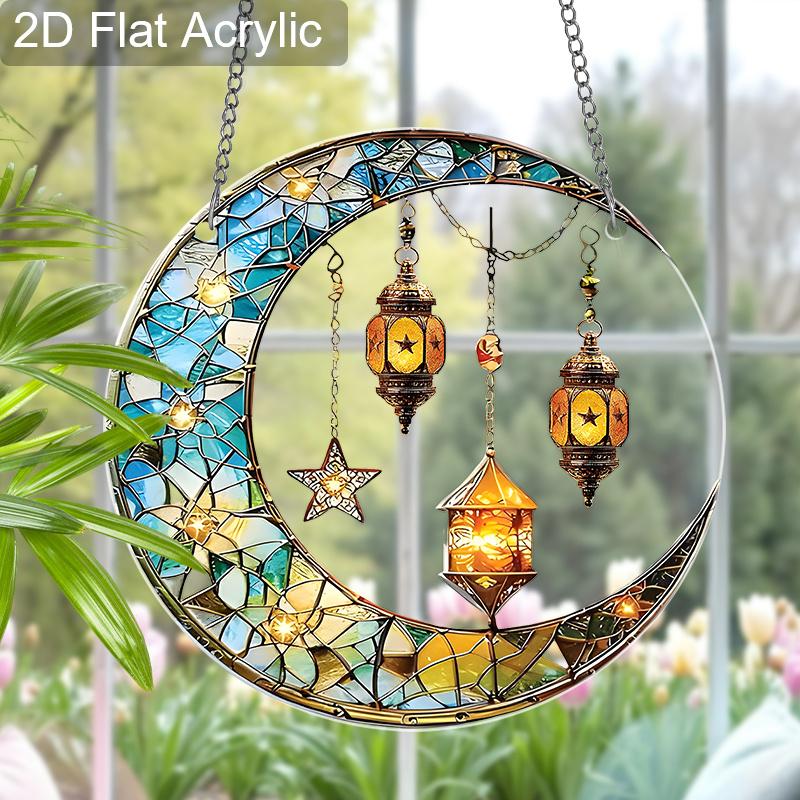 Acrylic Crescent Moon with Lanterns Suncatcher Stained Glass Effect Window Hanging Ornament Boho Lover Gifts