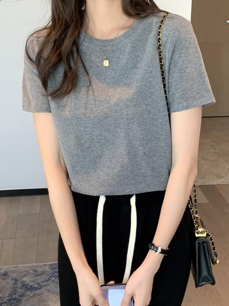 Summer New Light Blue Cotton T-shirt Women's Shoulder Simple Casual Thin Top Basic Versatile Short Sleeves