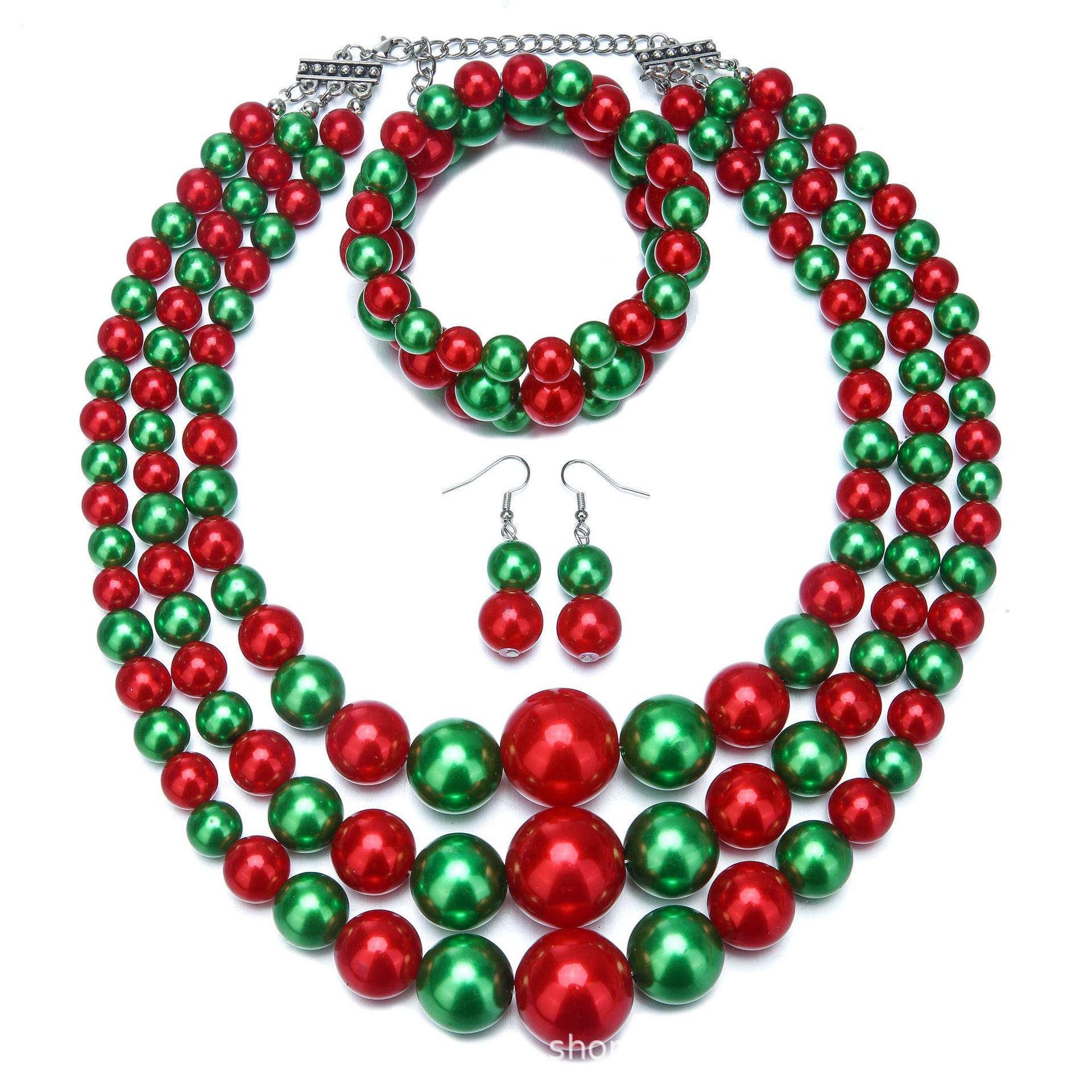 

3-Piece Imitation Pearl Necklace & Bracelet Set - Retro European Style Christmas Jewelry червоний/зелений