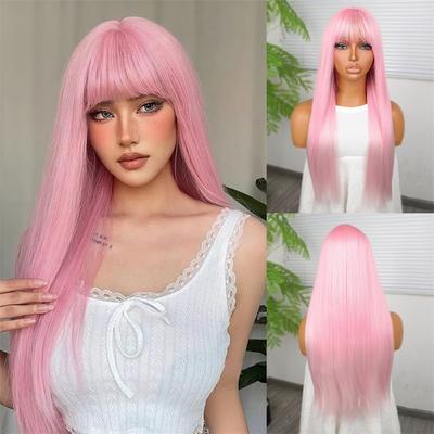 Lange pinke Perücken für Frauen Synthetisches Haar Seidig glatte Perücke mit Pony Lange Perücken Cosplay Drag Queen Party Alltagskleidung Kostümperücke