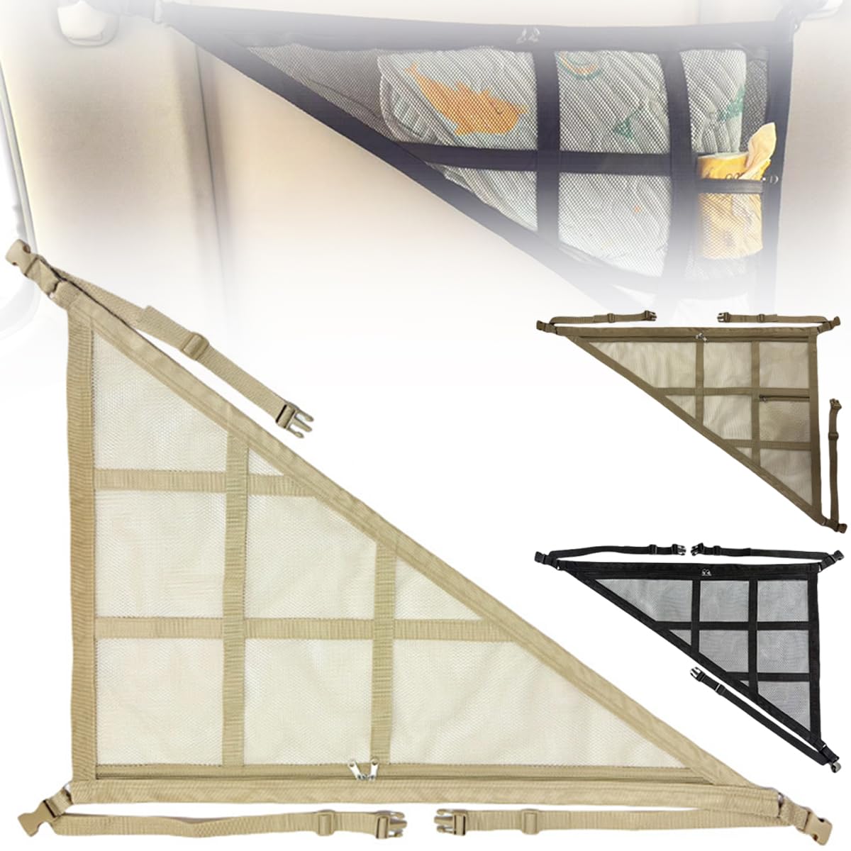 

Car Storage, Ceiling Net, Triangle, 2-Layer Type, Roof Net, Anti-Drip, Zippered, Cargo Net, Adjustable, 80*53cm бежевый