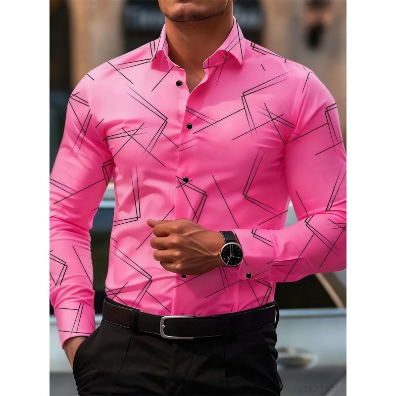 Herren Trendiges geometrisches Linienmuster Langarmhemd Business Casual Mode Design Slim Fit Bügelfrei Vielseitig Ins Style Hemd