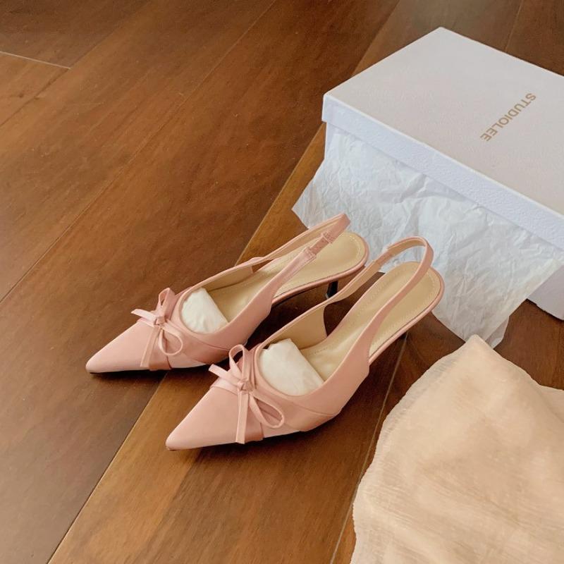Sheepskin Version~ Baotou Sandals Women's Legs Length 7cm Thin Heels Bow High Heels Pointed Empty Single Shoes