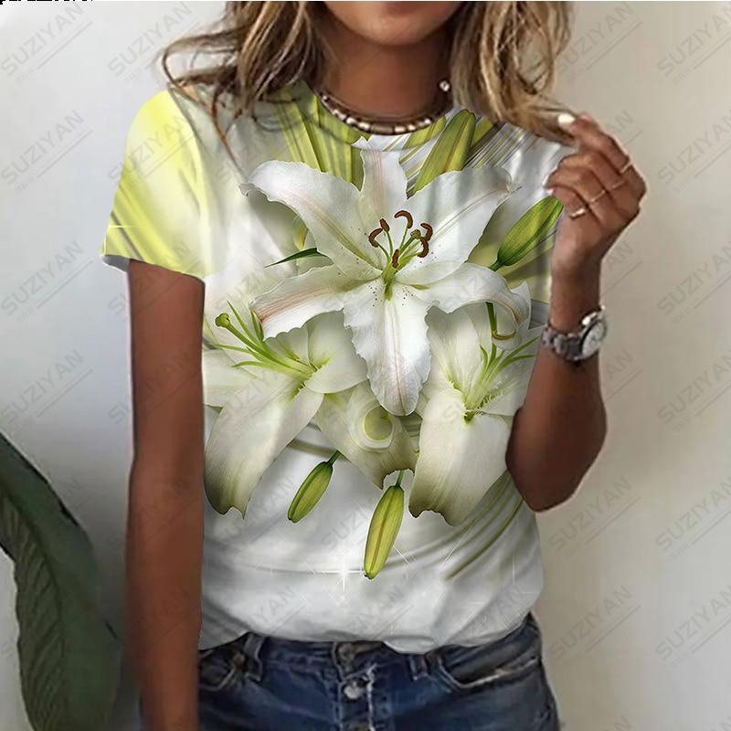 Nowy damski, luźny, duży top ze stylowym i stylowym temperamentem. Druk 3D. Prosty damski top z okrągłym dekoltem i krótkim rękawem.