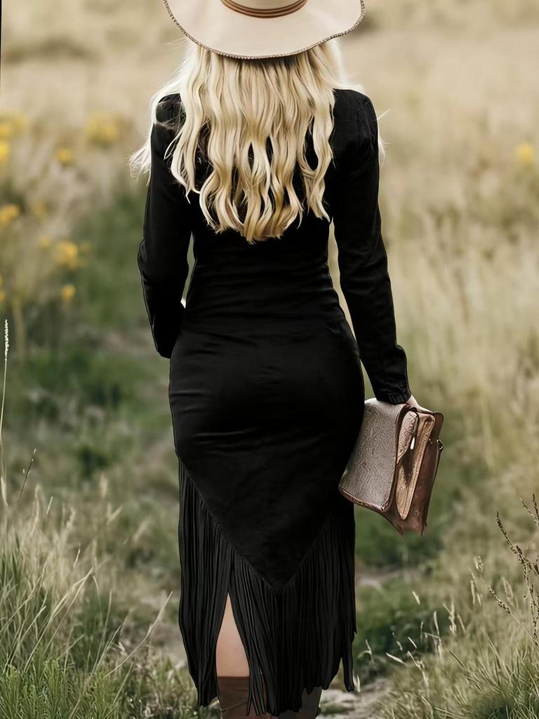 2025 Retro Western Slim-Fit Tassel Hem Cowboy Dress for Girls