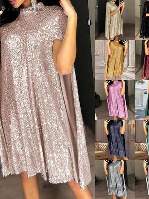 Spring European & American Style Sequin Stand Collar Dress - Loose Fit Women's Clothing