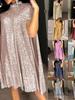 Spring European & American Style Sequin Stand Collar Dress - Loose Fit Women's Clothing