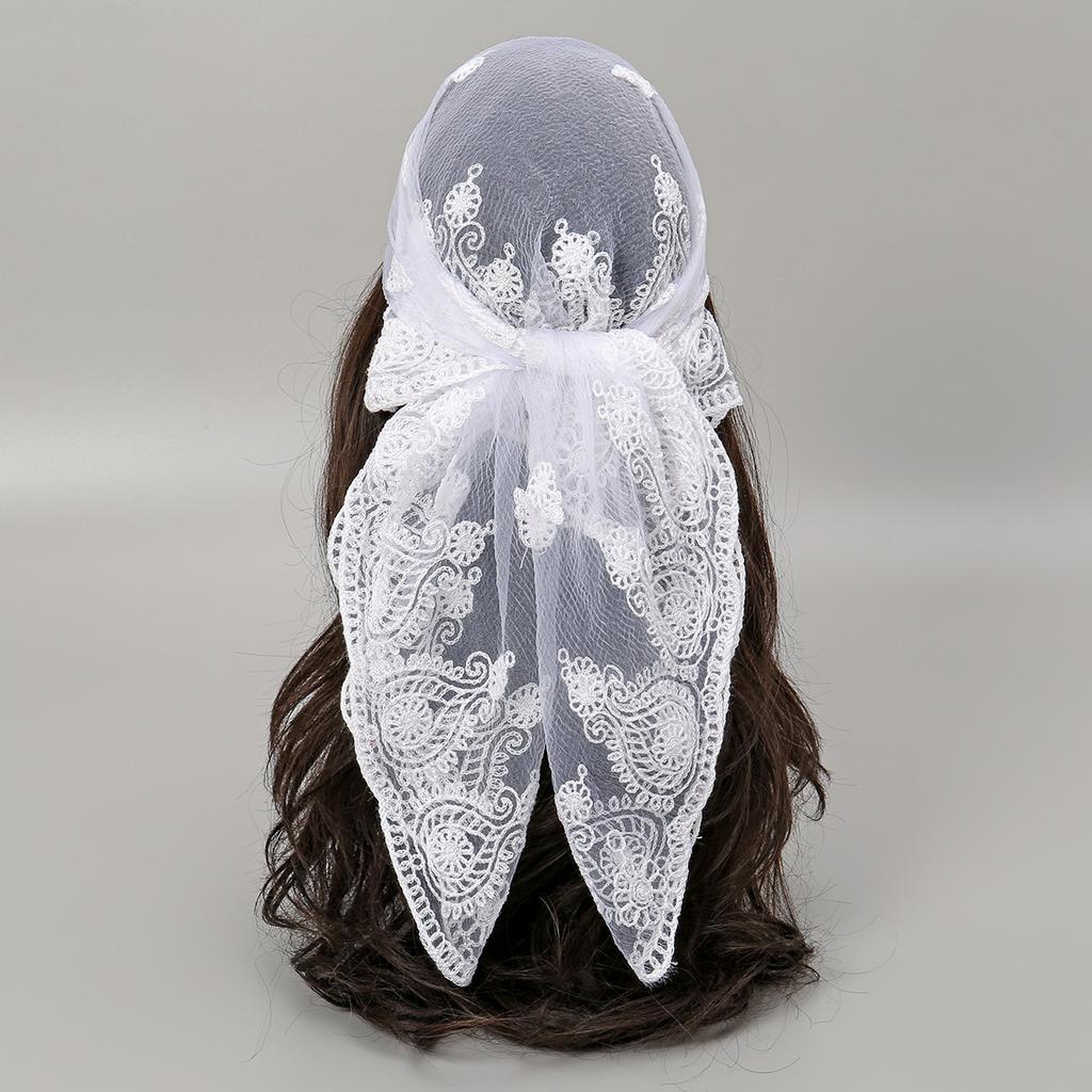 Square Yarn Scarf Floral Embroidery Lace Hijab Headscarf Headband Summer Breathable Bandana For Women Elegant Turban Hair Wrap