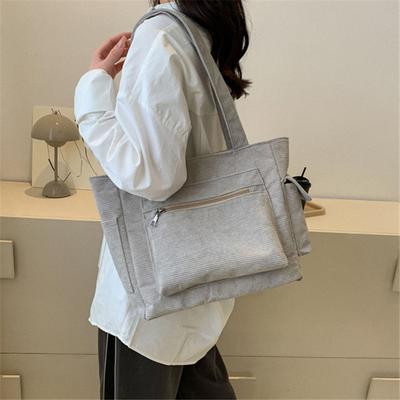 Corduroy Tote Bags for Women Large Capacity Multiple Pocket Handbag Shoulder Bag Minimalist Casual Crossbody Purse for Daily Use