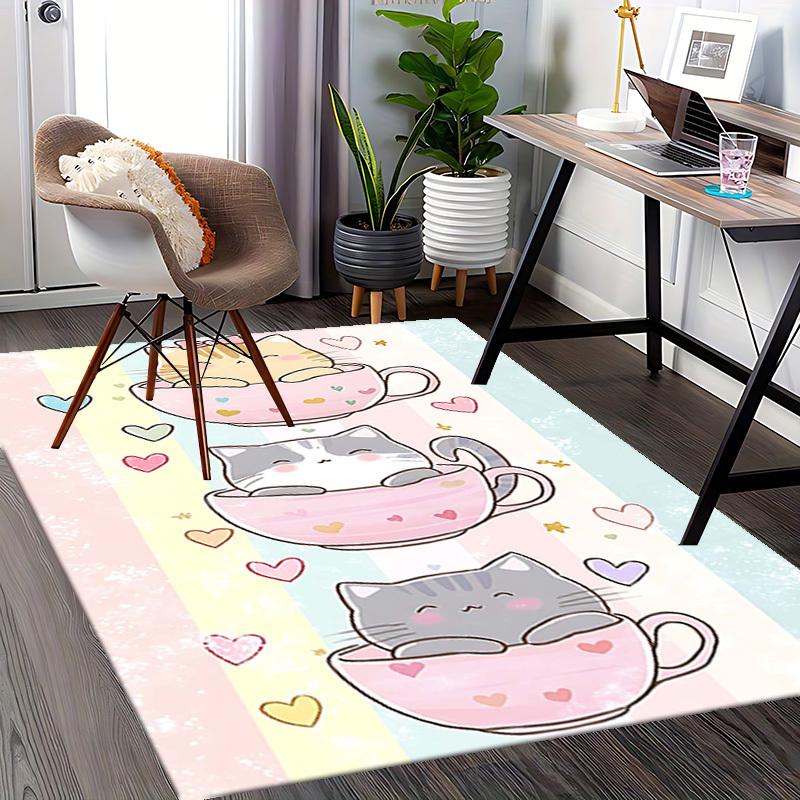1pc Cute Cat In Teacup Chair Mat - Pastel Hearts Office Desk Pad, Non-Slip Rug for Home Decor, Suitable for All Seasons, Perfect Gift Idea.P051