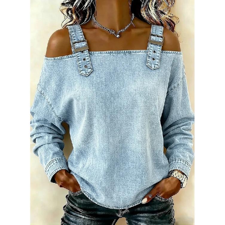 2026 Spring and Autumn New Off-Shoulder Long-Sleeve Women s Fashion Casual Top S светло-синий