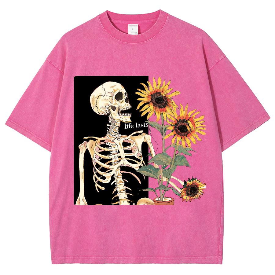Skull Sunflower Print Printing T-Shirts Women 100% Cotton T-Shirt Breathable Clothing Casual Oversized Tee Shirt