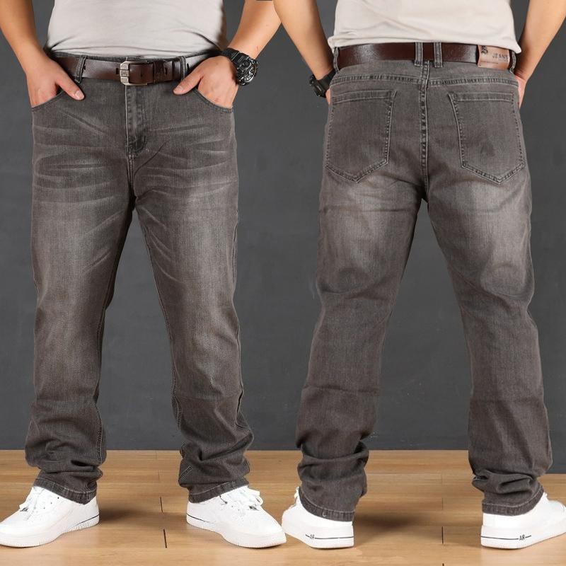 Podzimní džíny s vysokým pasem, vysoce strečové, volného střihu s rovnými nohavicemi pro muže, elastické kalhoty plus size