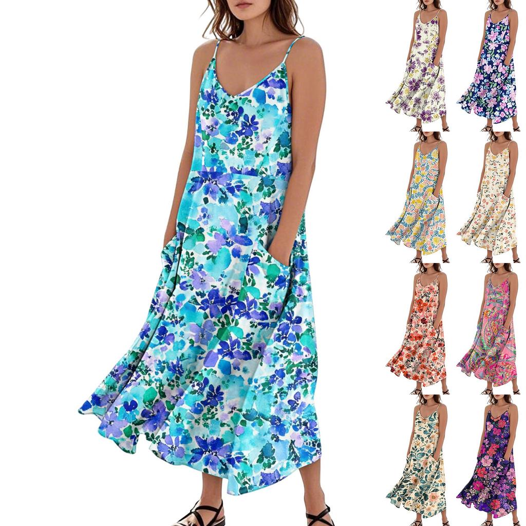 Women's Fashion Casual Floral Print Sleeveless Pocket Long Beach Dress