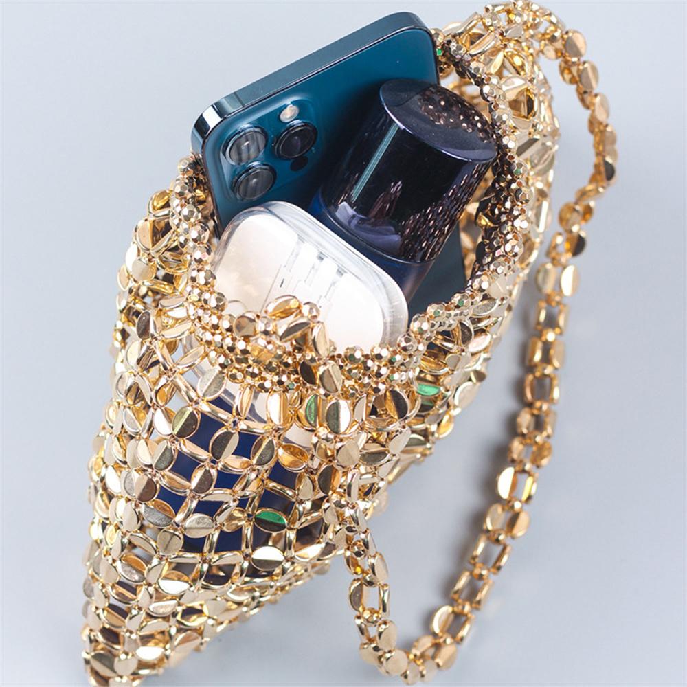 New Handmade Silver Gold Flat Beads Beaded Weaving Large Dumplings Fashion Trendy Shoulder Tote Bag