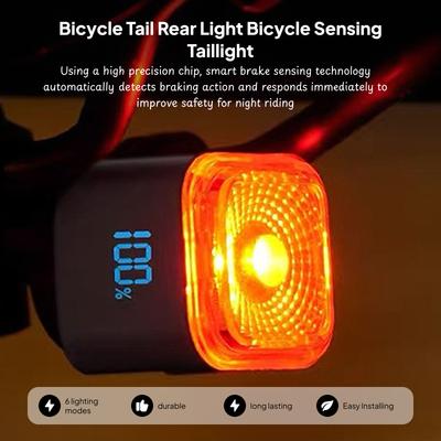 Smart Bike Brake Tail Light Auto-Brighten Rear Bicycle Light IPX5 Waterproof USB Rechargeable Long Lasting for Mountain Cycling