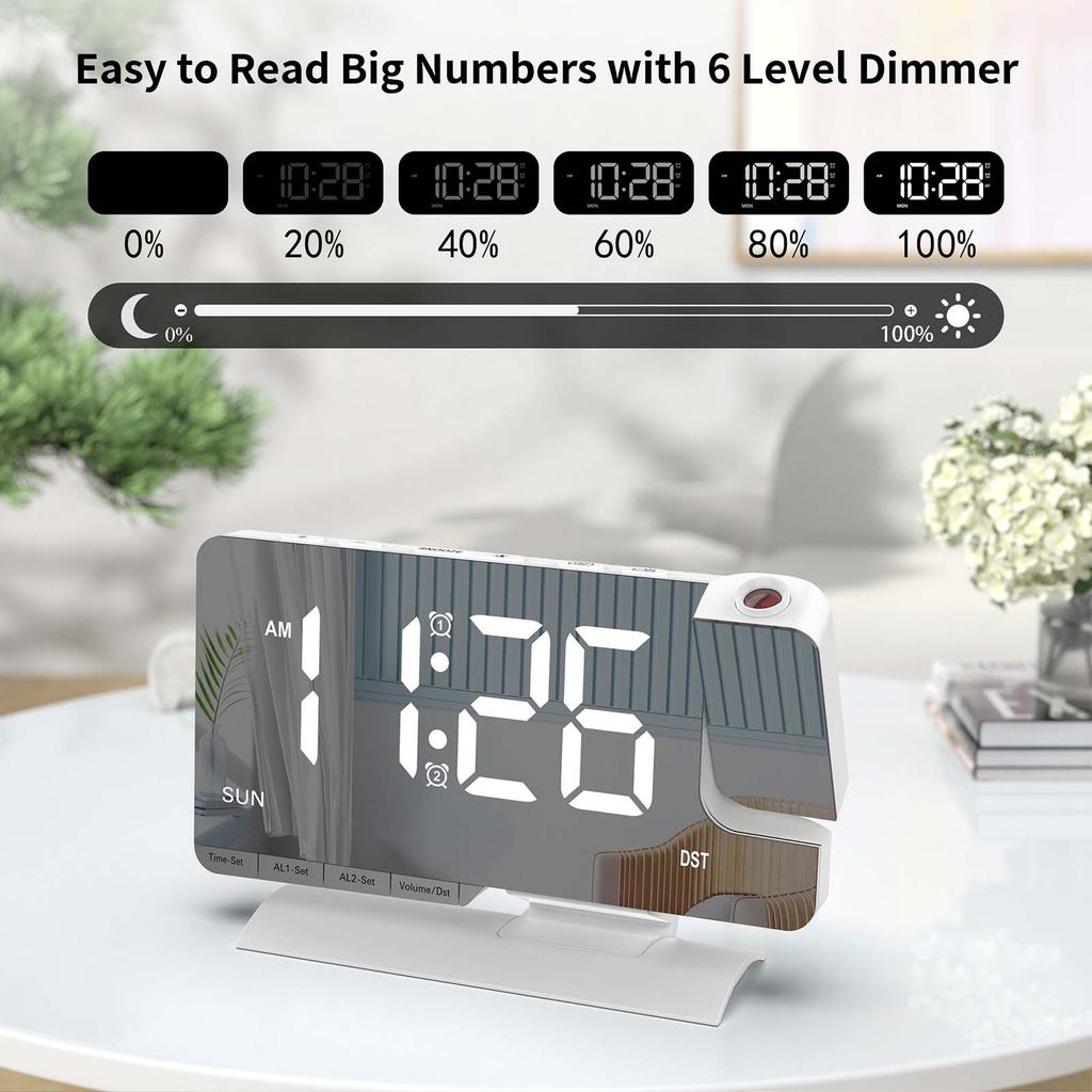 LED Digital Alarm Clock with Time Projection, Dual Alarms, USBCelsiusType-C Charging Ports, 6-  Dimmable, Daylight Saving Time (DST), Snooze