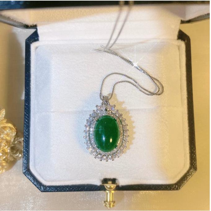 Chalcedony Emerald Oval Malay Jade Korean Version Simple Full of Zirconium Imitation Jadeite Green Jade Necklace Stud Earrings Set Female