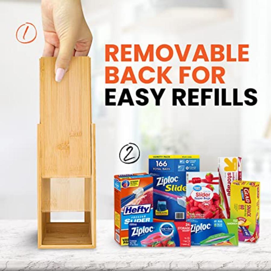 mHomeAid Bag Storage Organizer Bamboo Food Plastic Baggie Holder Dispenser Container for Kitchen Drawer Fits Ziplock Gallon Qua