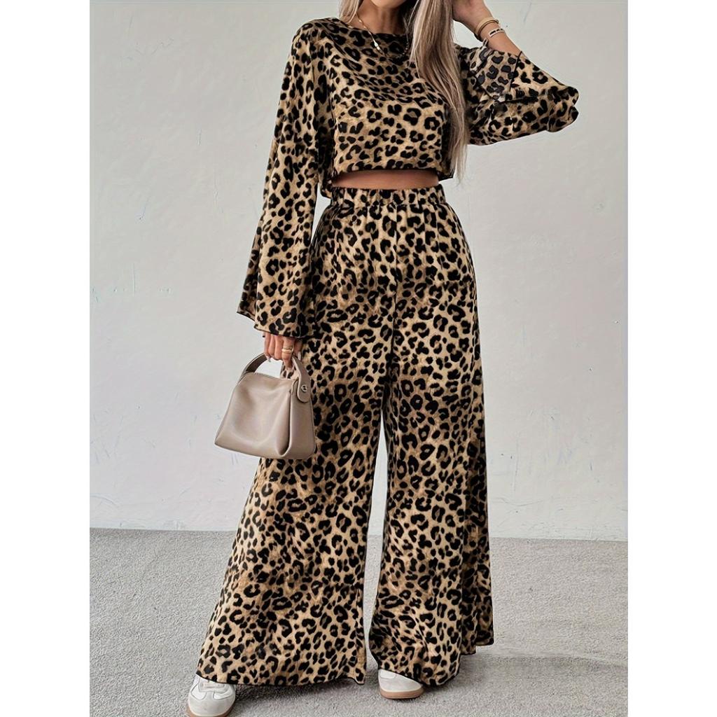 Spring New Leopard Print Women's 2 Piece Outfit Casual Loose Long Sleeve Top + Long Pants Set European American Style For Ladies