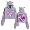 Kpop Demon Hunters Printed Short Hoodie With Cat Ears For Girls Summer Casual Wear