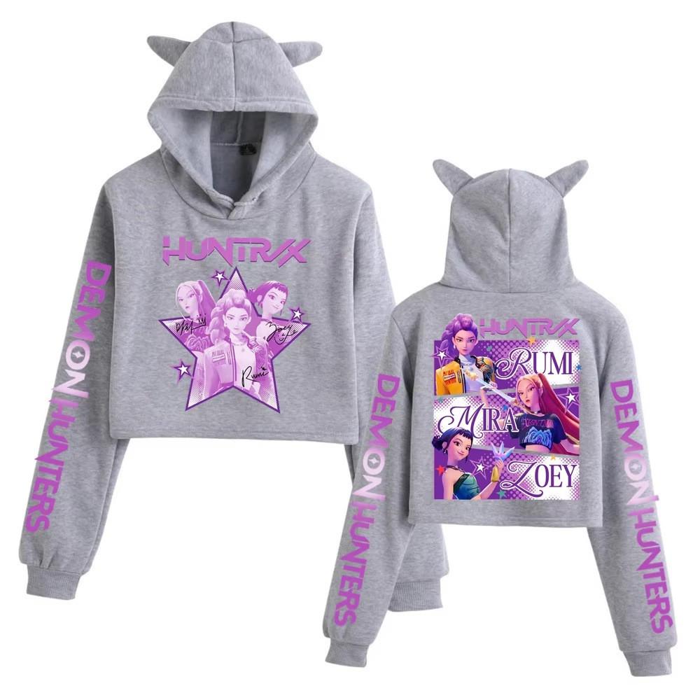 Kpop Demon Hunters Printed Short Hoodie With Cat Ears For Girls Summer Casual Wear