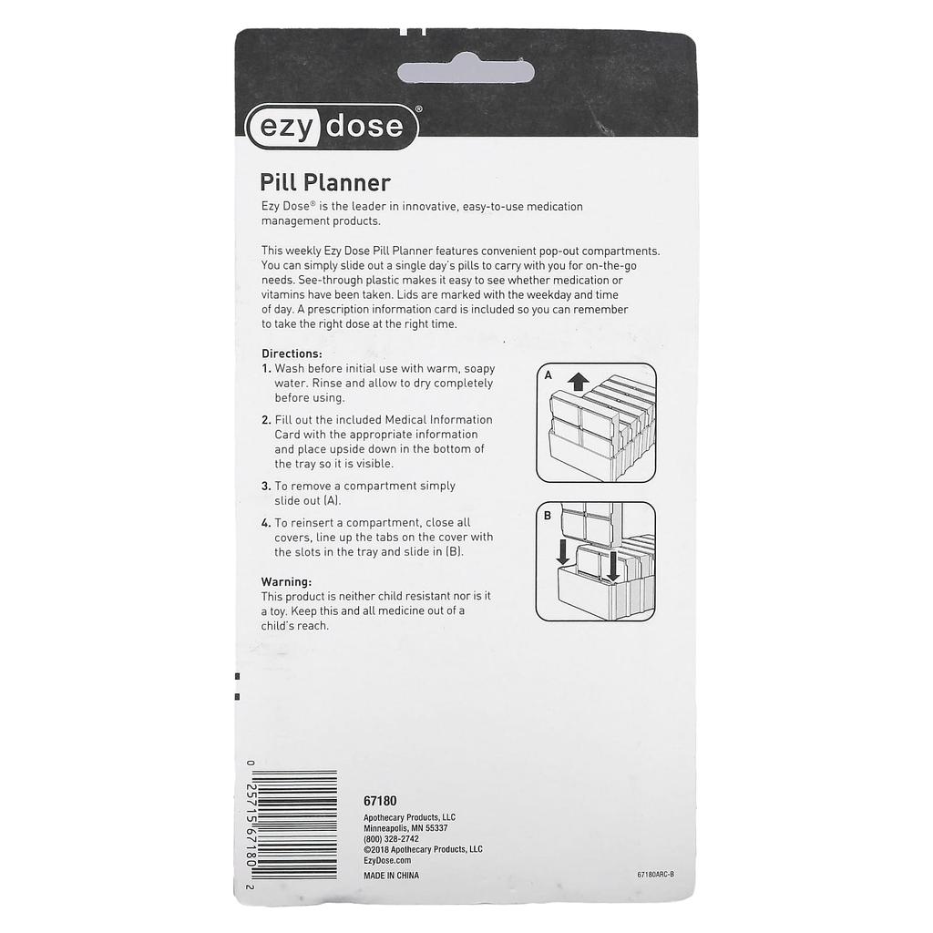 Pill Planner, Weekly 4X Day (Pop Out), 1 Pill Planner