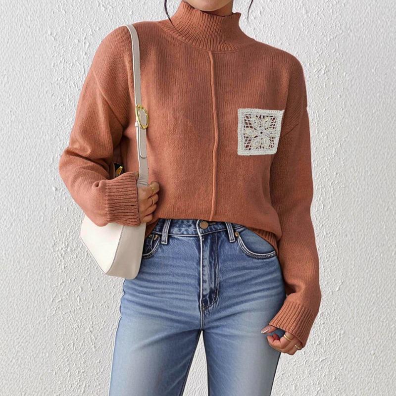 European and American Women's Half-high Neck Pullover Sweater Sequin Hollow Pocket Splicing Sweater