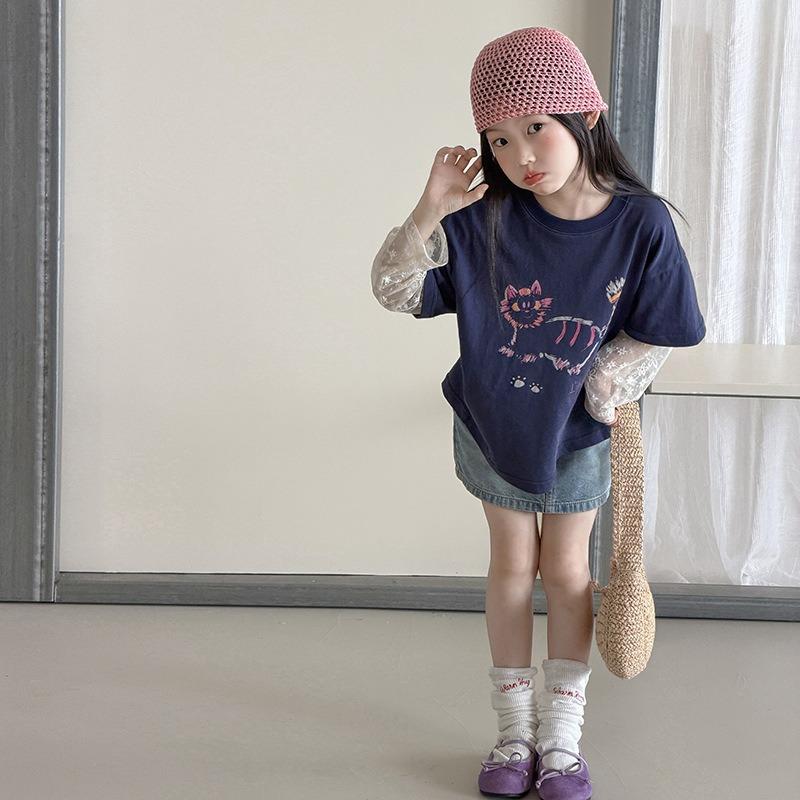 Girls Sweet Korean Style Fake Two Piece Lace Patchwork Short Sleeve T Shirt