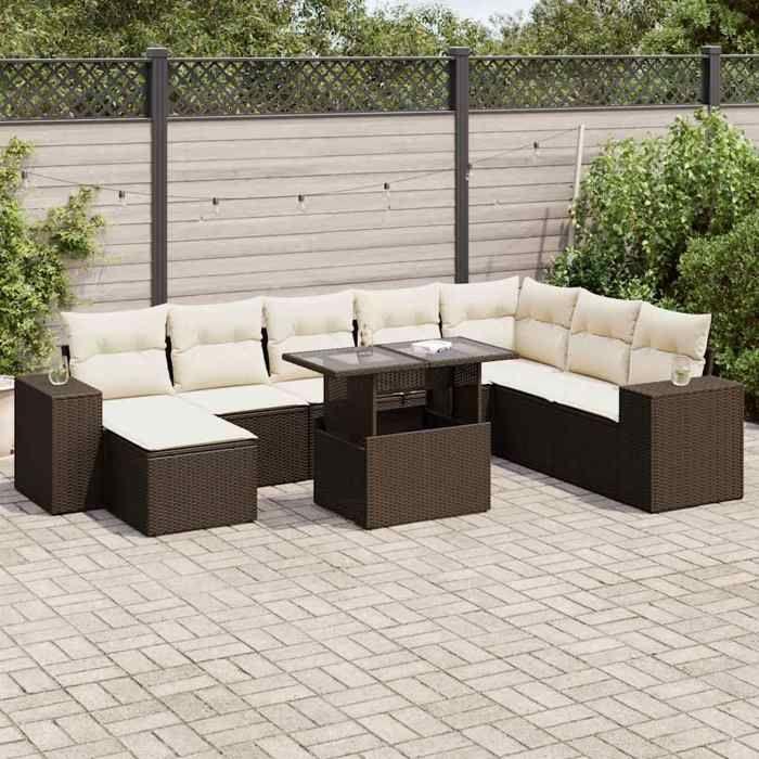 VidaXL Salon de jardin avec coussins 9 pcs marron résine tressée 3326854