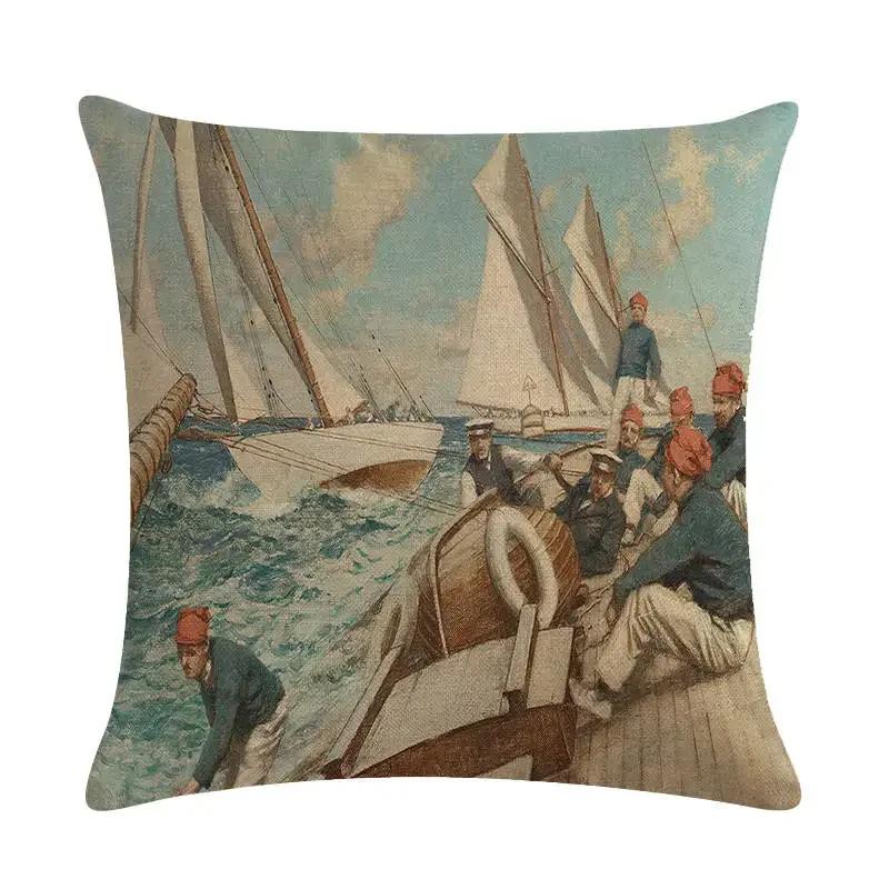 Home Decor Sailing Ships: Vintage Maritime Pillow Covers Pattern Cushion Cover Suitable For Sofa Bedroom Car Pillow Cover