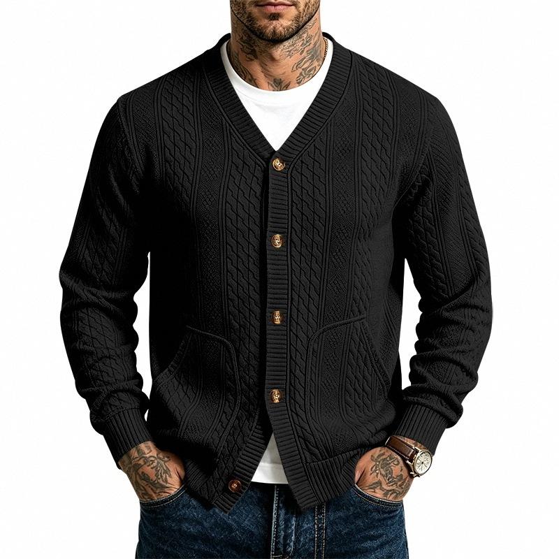 V Neck Long Sleeve Buttoned Jacquard Solid Color Casual Vintage Cardigan Sweatshirt