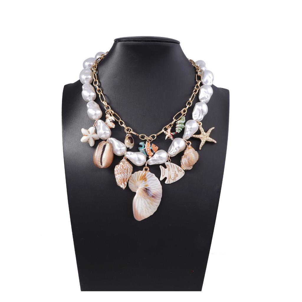 Trendy personality Baroque imitation pearl ceramic alloy conch shell and other pendants double stacked women's necklace