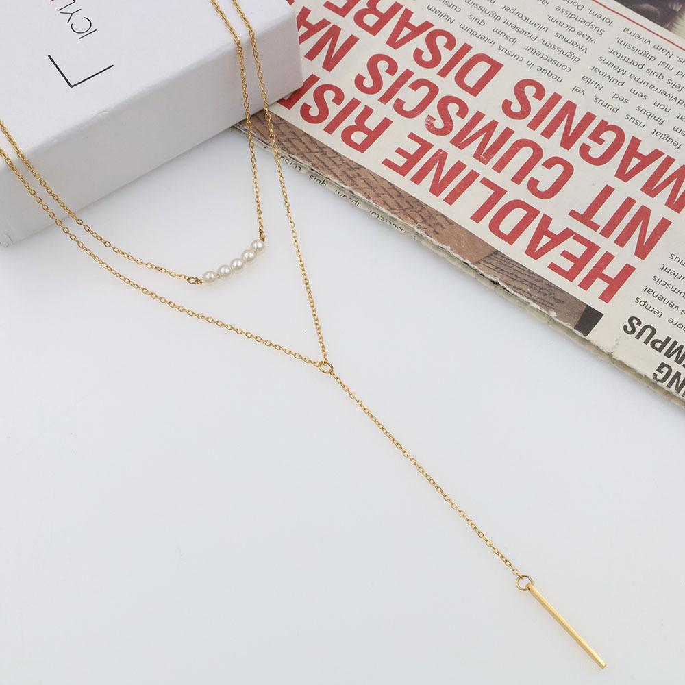 Wind Fashion Simple Double Fringed Pearl Necklace Women'S 18K Gold Titanium Steel Collarbone Chain Exquisite