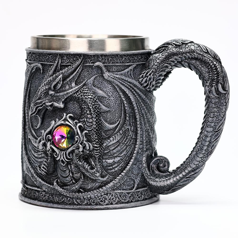 Valhalla Viking Stainless Steel Nordic Viking Barrel Dragon Boat Warrior Horn Skull Beer Mug Tankard Stein Cup 400 Ml