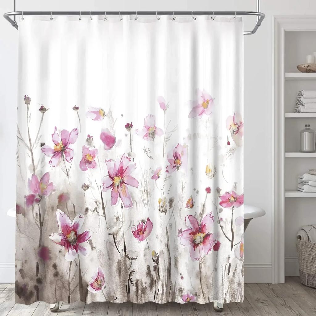 Floral Shower Curtains for Bathroom Pink Plant Flowers Watercolor Butterfly Wildflower Botanical Bathroom Curtain Set,Waterproof