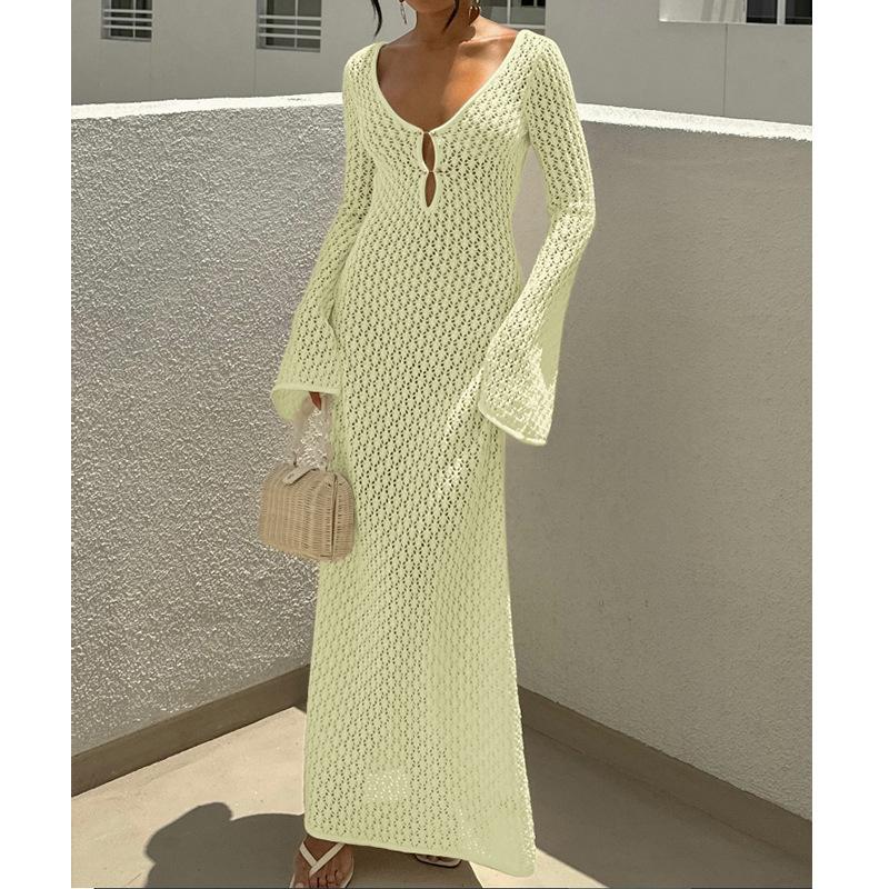 Stile Europeo e Americano Donna Estate Nuovo Texture Bucherellata Scollo a V Fibbia Rotonda Manica Lunga Vacanza Abito Lungo Spiaggia Protezione Solare Scollo a Laccio Gonna Lunga