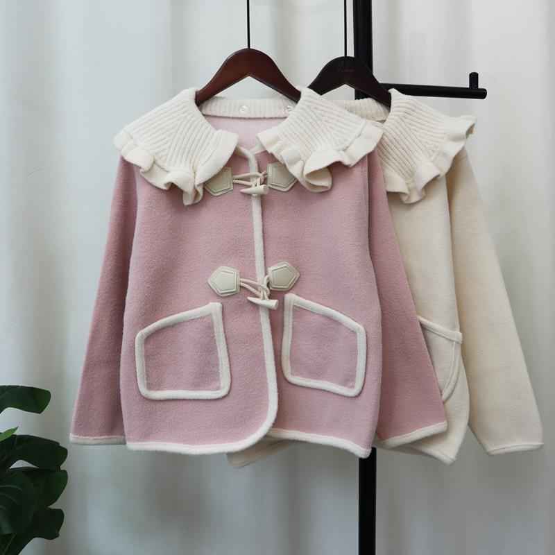 Removable collar horn buckle sweater jacket women's 2025 autumn and winter new sweet doll collar knitted double-sided woolen cardigan