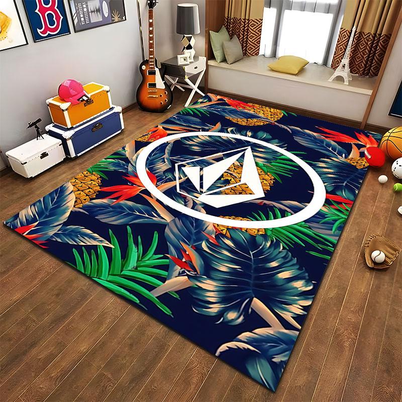 Volcom Stone Circle Over Tropical Pineapple Palm Leaves Area Rug, Navy Tropical Leaves Design, Skate Cozy Home Floor Decor, All Seasons Gift