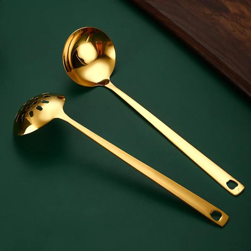 Spoon Colander Stainless Steel Long Handle Household Thickened Golden Hot Pot Spoon Golden Deepened Soup Shell Colander.