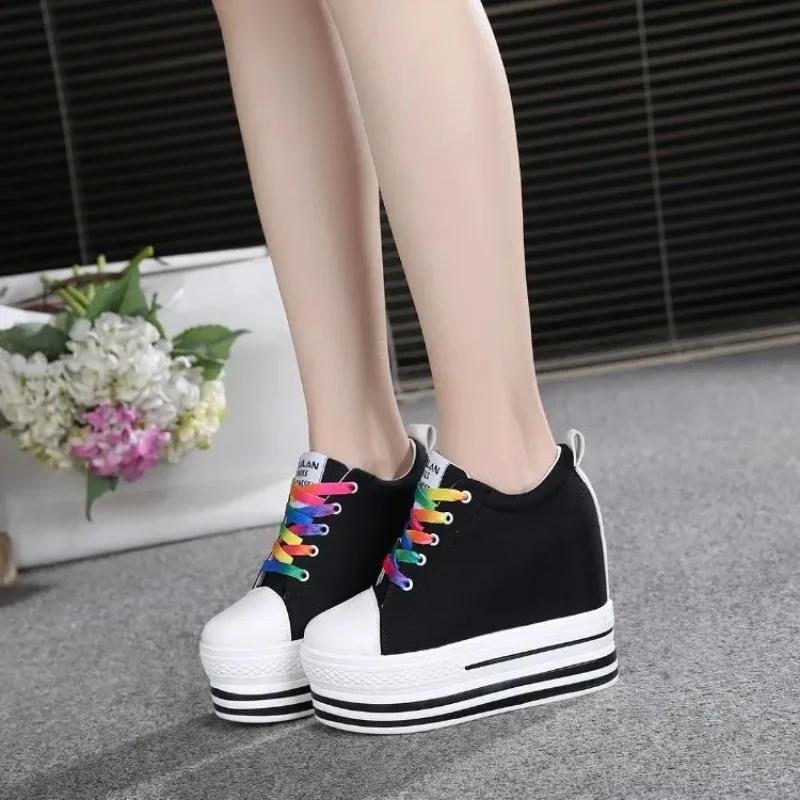 Fashion 2025 New 12CM Heels Wedge Canvas Shoes Woman High Platform Sneakers Vulcanized Shoes Hidden Heel Height Increasing Casual Shoes